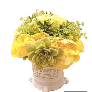 Luxury Home Decor Silk Roses & Aeoniums in White Base Floral Arrangement